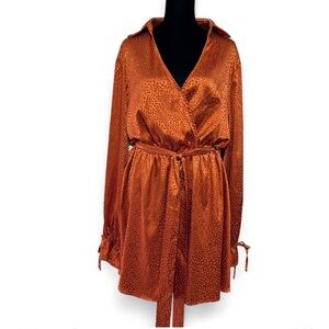 SHEIN CURVE Satin Orange Leopard Print Dress Tie Waist Long Sleeves 1XL Exellent